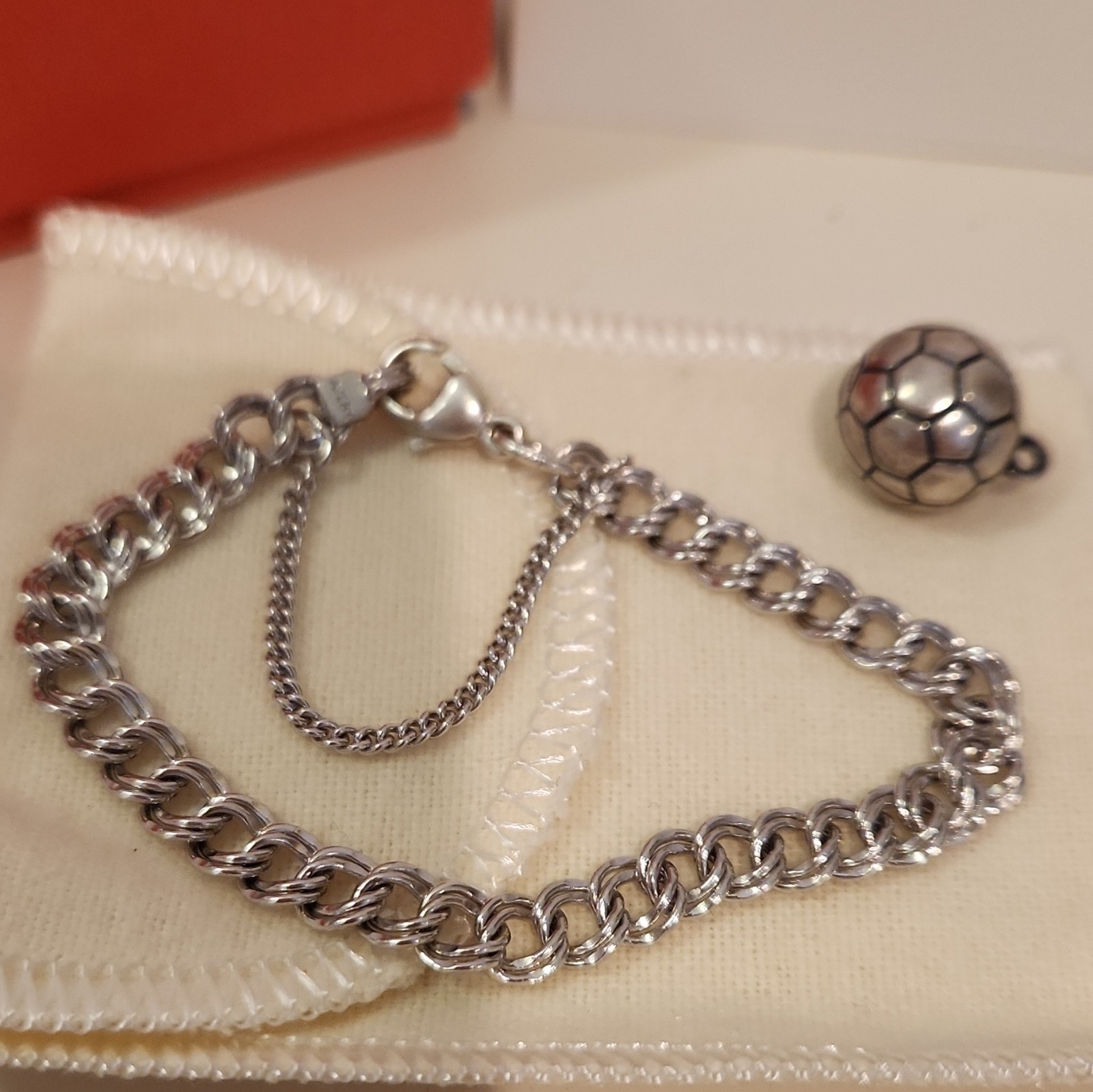 James Avery Silv. Chain Bracelet w/ Safety Chain & Soccer Charm. 6 in For Child