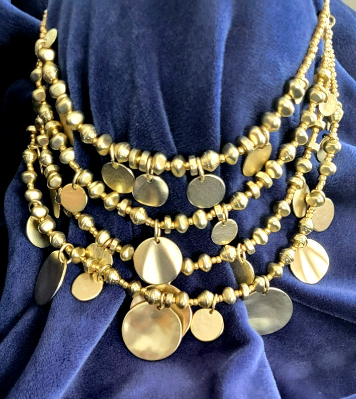 Chico’s 4 Tier Satin Soft Gold Tone Beaded Charm Bib Necklace