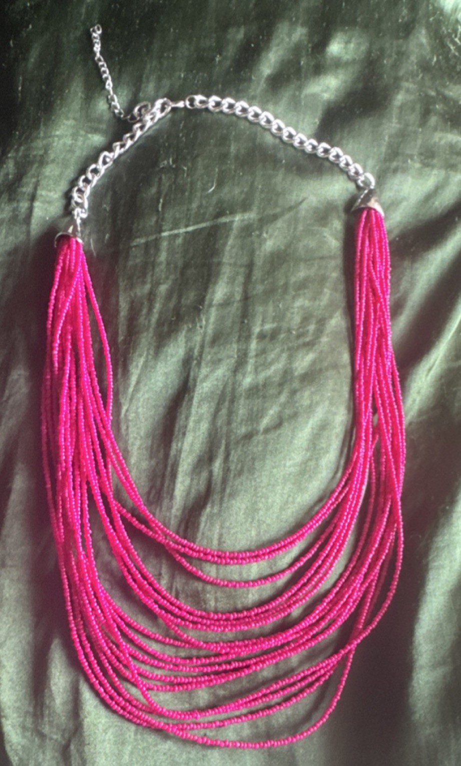 Pink Layered Beaded Glass Necklace with Silver Cable Chain Adjustable