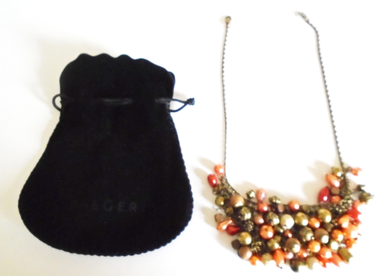 Jaeger Bib Statement Necklace brown gold beaded mesh bib & pouch vintage vgc