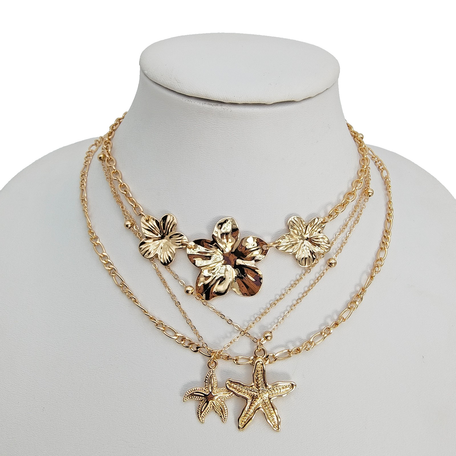 Layered Tropical Necklace 4 Piece Set Gold Tone Beach Flower Starfish Summer