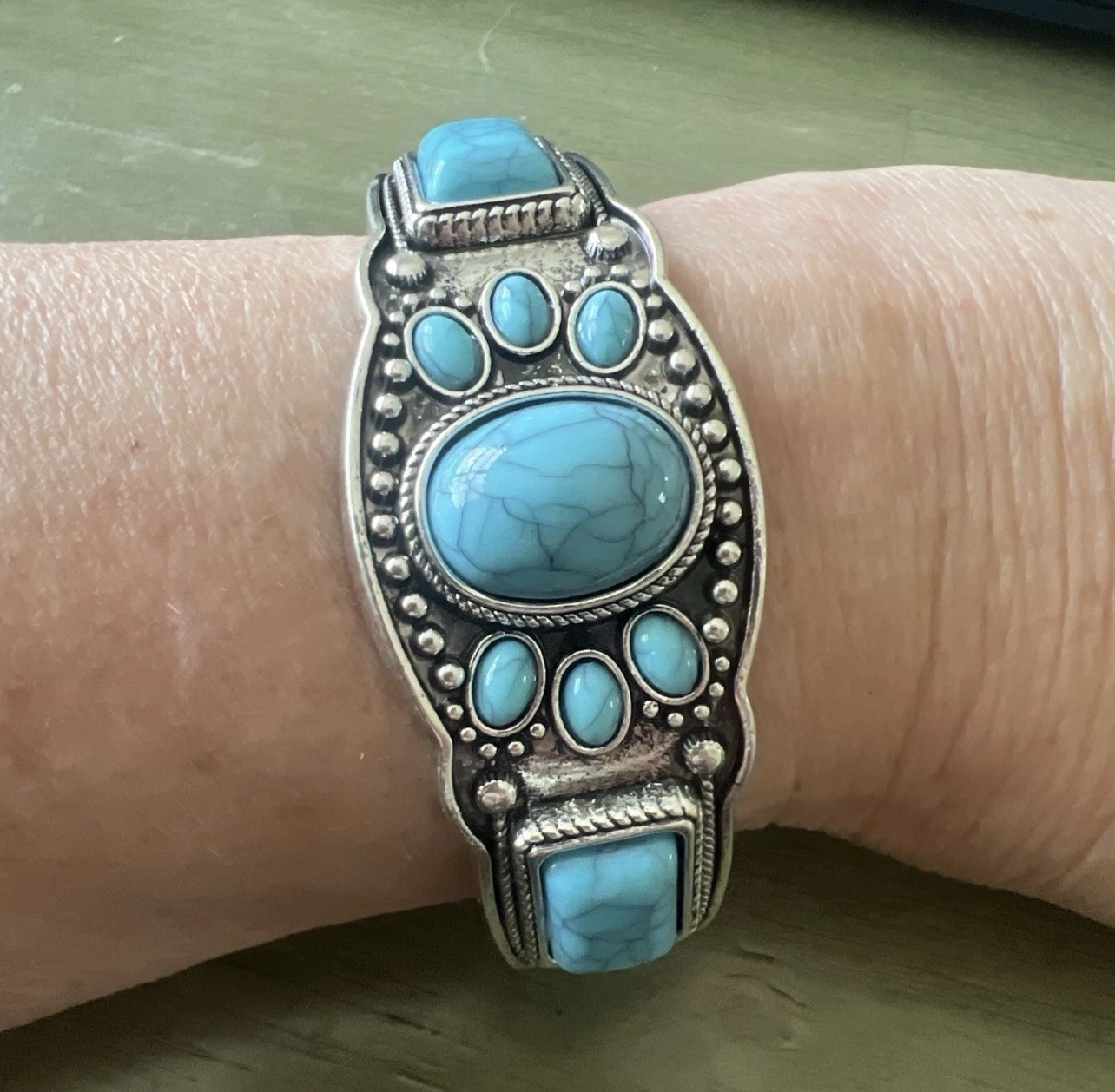 Turquoise Cuff Bracelet Western Boho Silvertone Jewelry