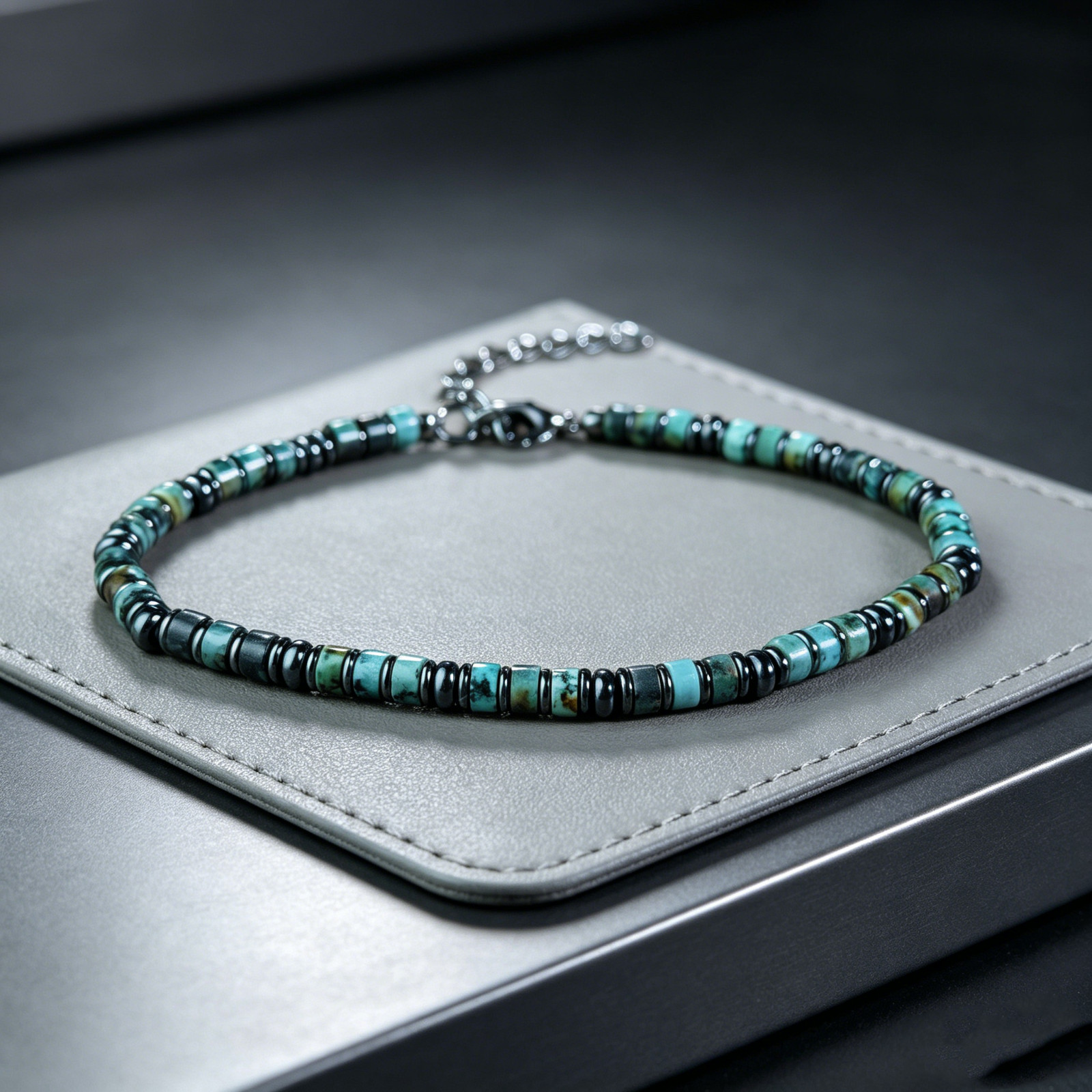 Men’s African Turquoise Hematite Bracelet 7.5 Inch Natural Stone Protection