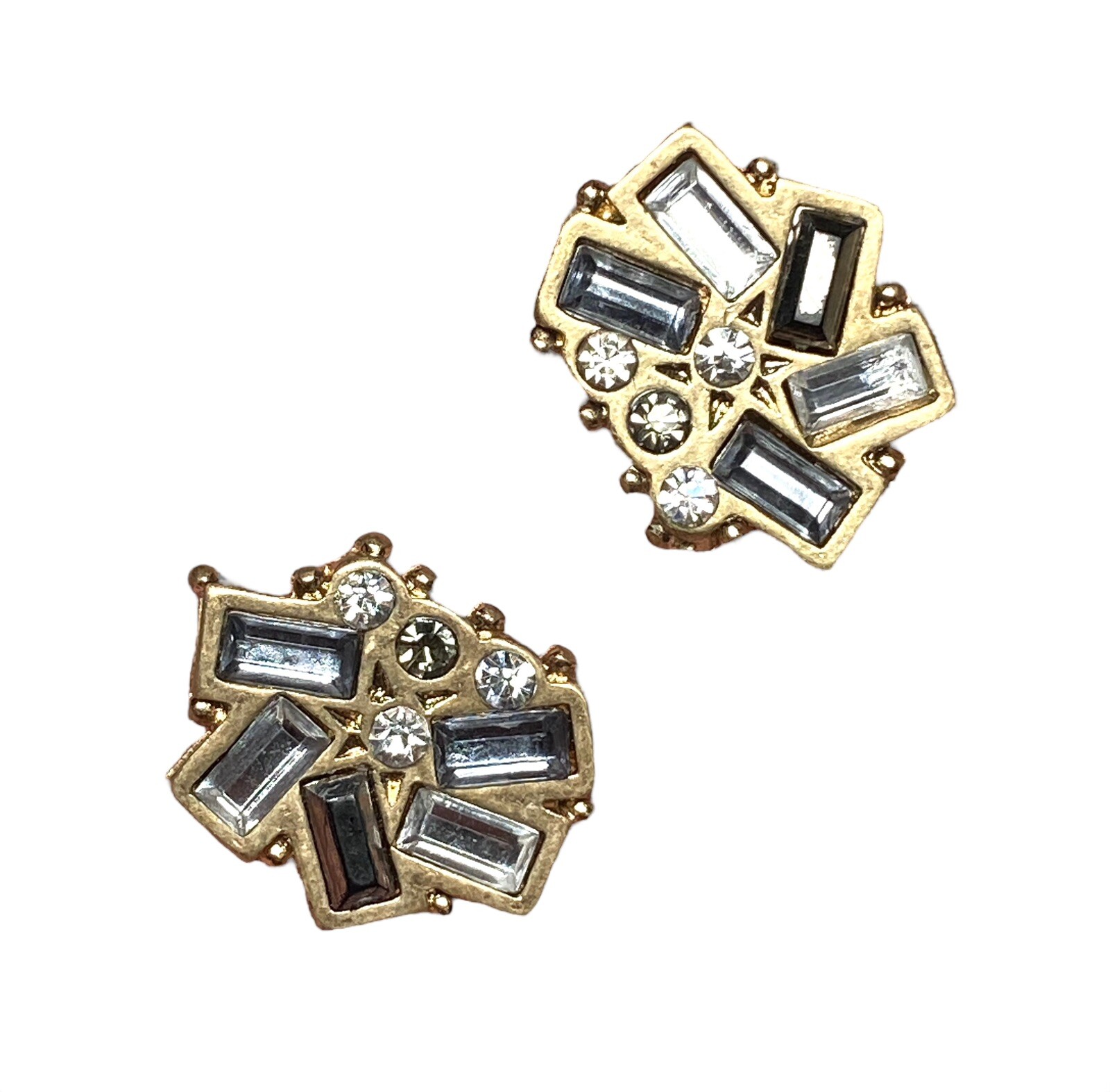 Matte Gold Tone Cluster Setting Stud Earrings Clear Gray Baguette Rounds