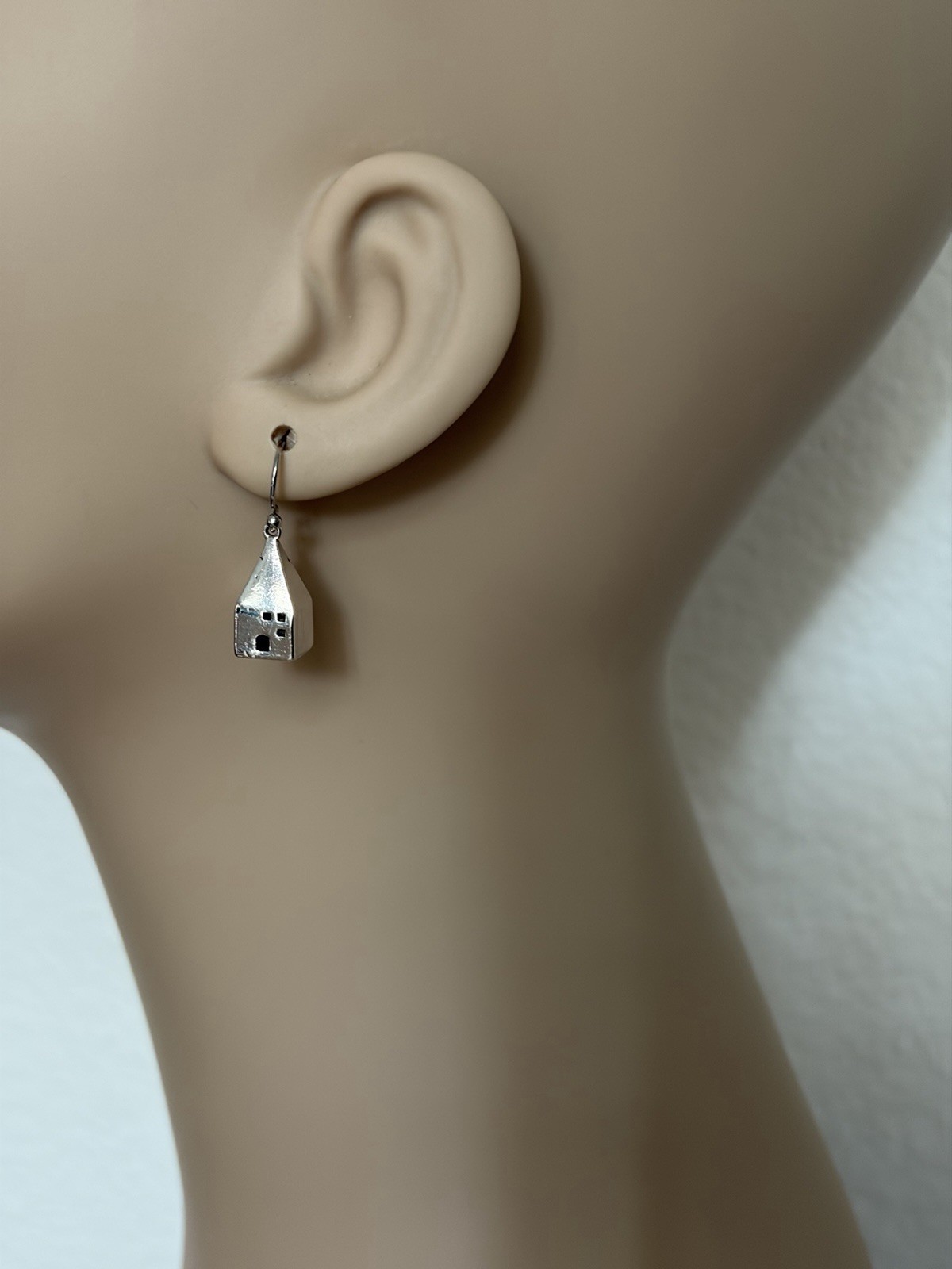 Silver Tone House Dangle Hook Earrings Cottage Home Charm Lightweight