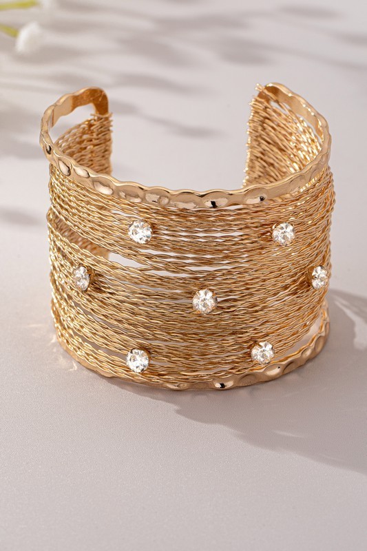 Hammered Gold Mesh Cuff Bracelet – Sparkly Rhinestone – Wide Statement Jewelry