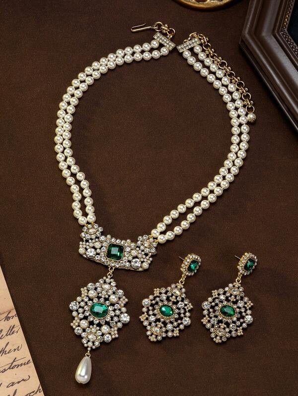 Emerald Green Crystal Pearl Necklace Earrings Set Vintage Bridal Gold Statement