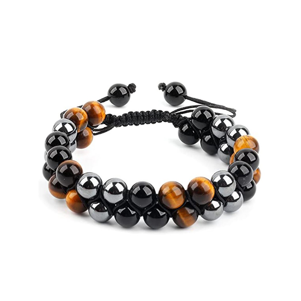 Triple Protection Tiger Eye Hematite Obsidian Bead Healing Adjustable Bracelet