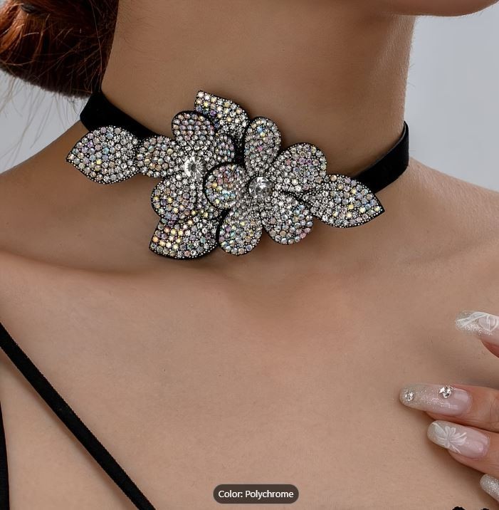 Stunning & Elegant Fabric and Rhinestone Flowers – Statement Choker Necklace