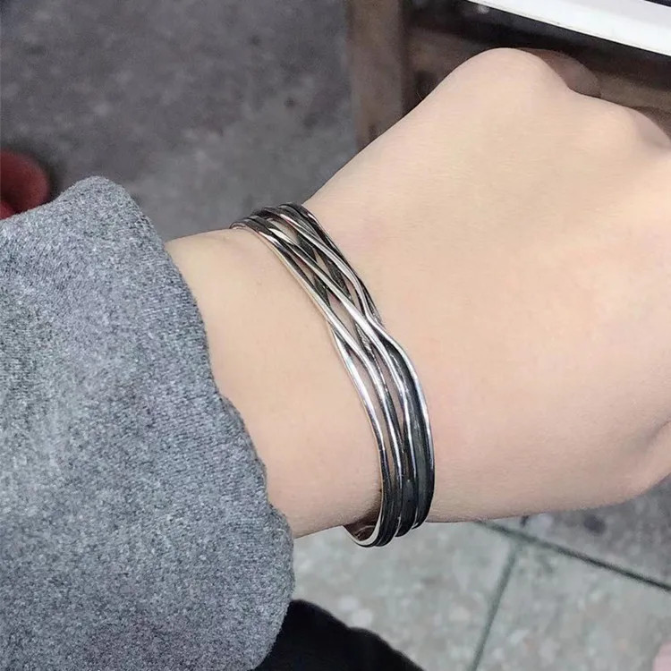 Retro Wave Bracelet 925 Sterling Silver Braided Bangle Geometric Opening Cuff