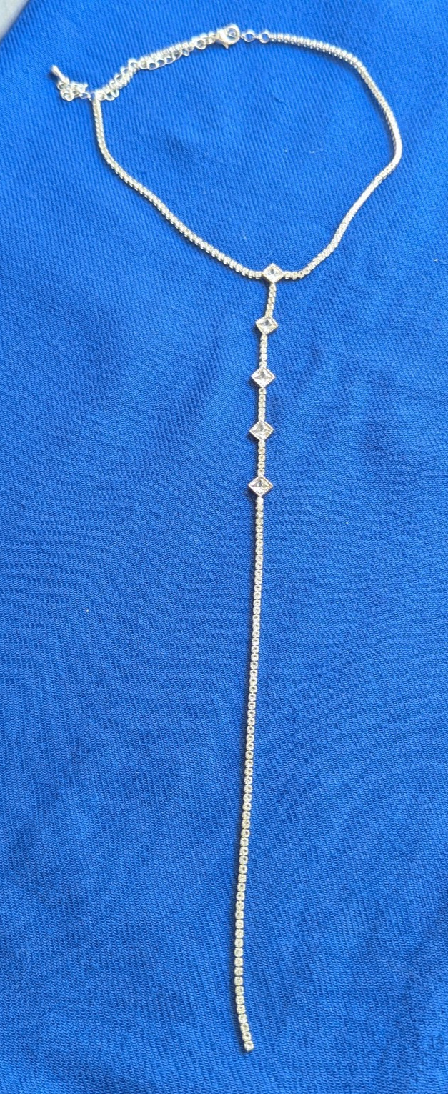 Silver Tone Lariat Y Chain Necklace Clear Crystal Box Chain Adjustable 13″ + 5″