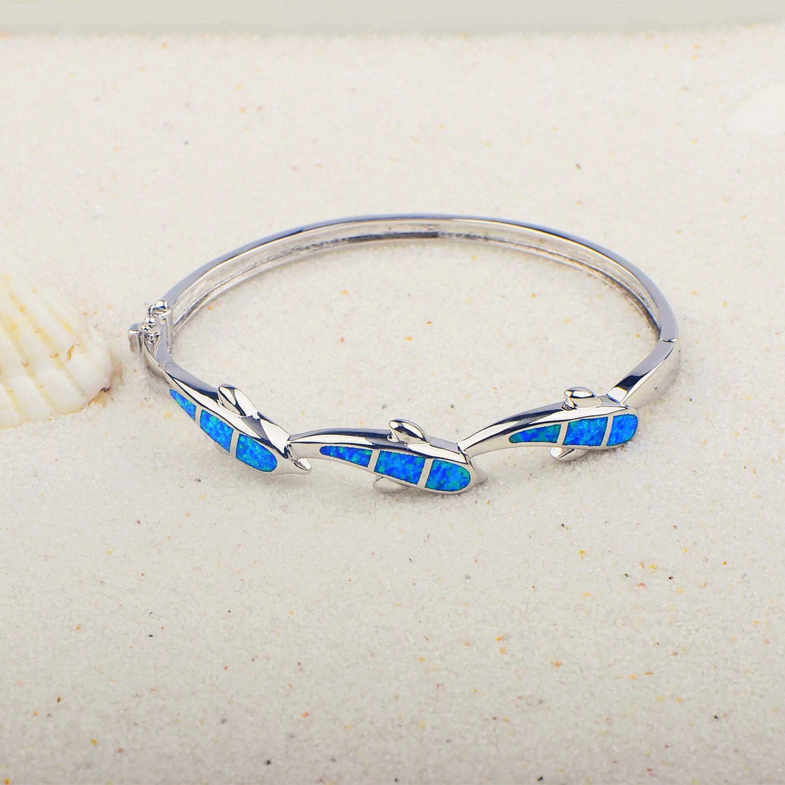 Blue Opal Cute Dolphin Cuff Bangles 925 Sterling Sliver Jewelry For Women Girl