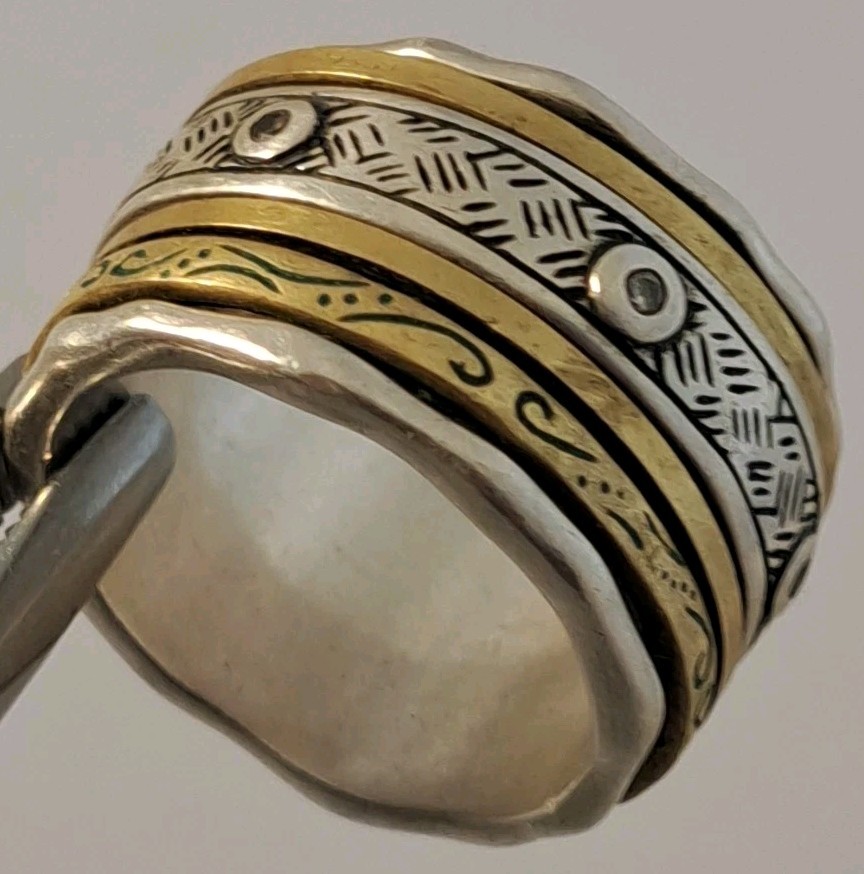 Silpada Isabella Spinner Ring Sterling & Brass Etched Bands Cz Size 8.5 17 grams
