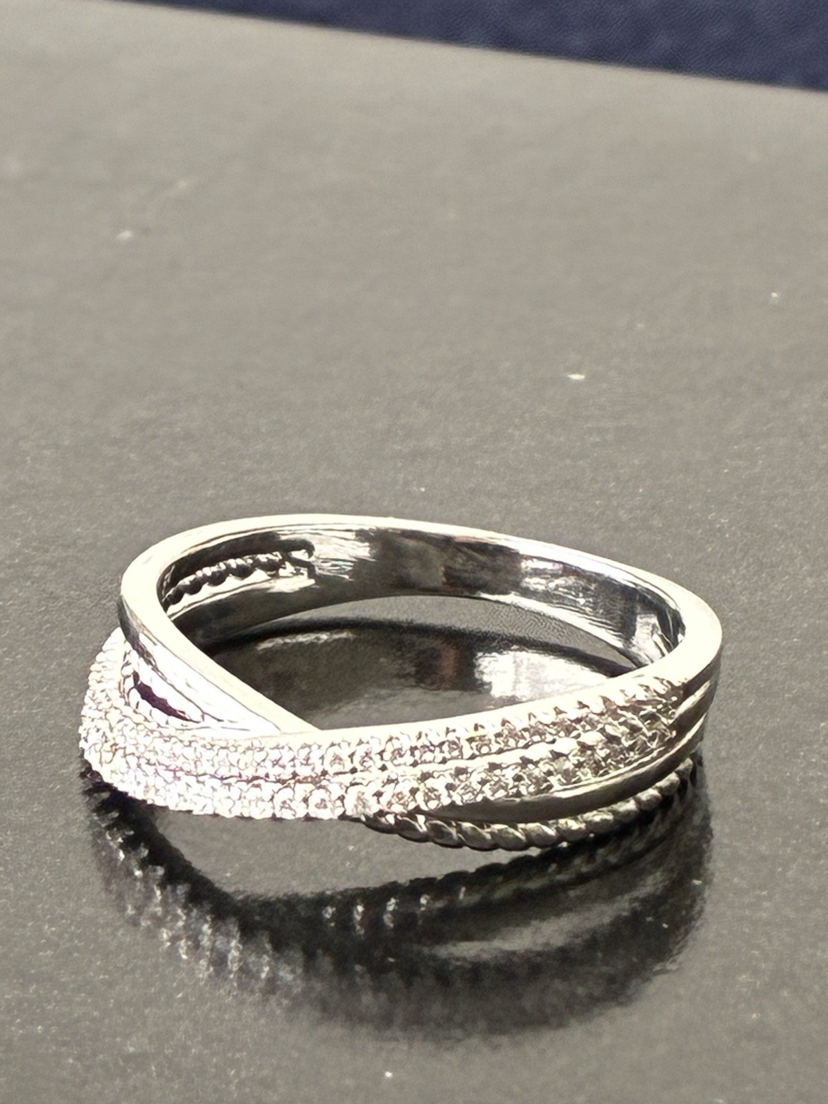 White Gold Plated Pavé Crisscross Band Ring Clear Round Stones Sz 10
