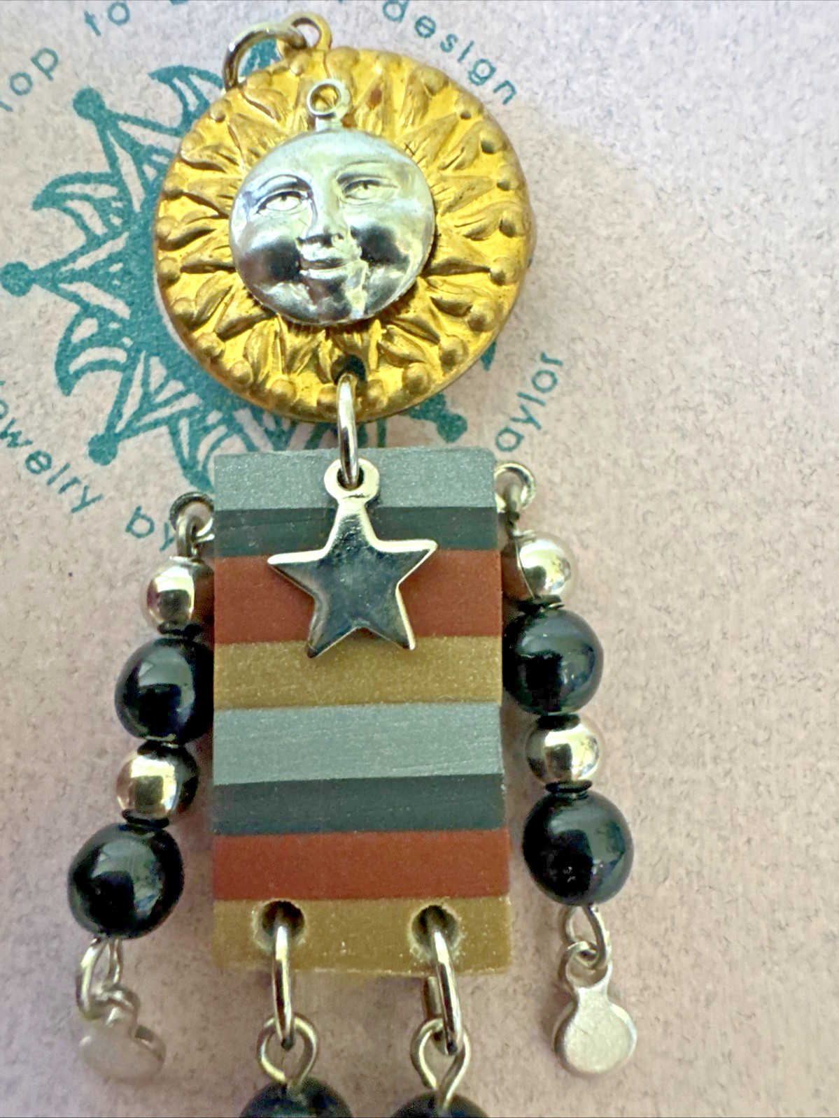Jacquelyn Taylor Celestial Sun Star Brooch Earrings Set Rare OOAK Wearable Art