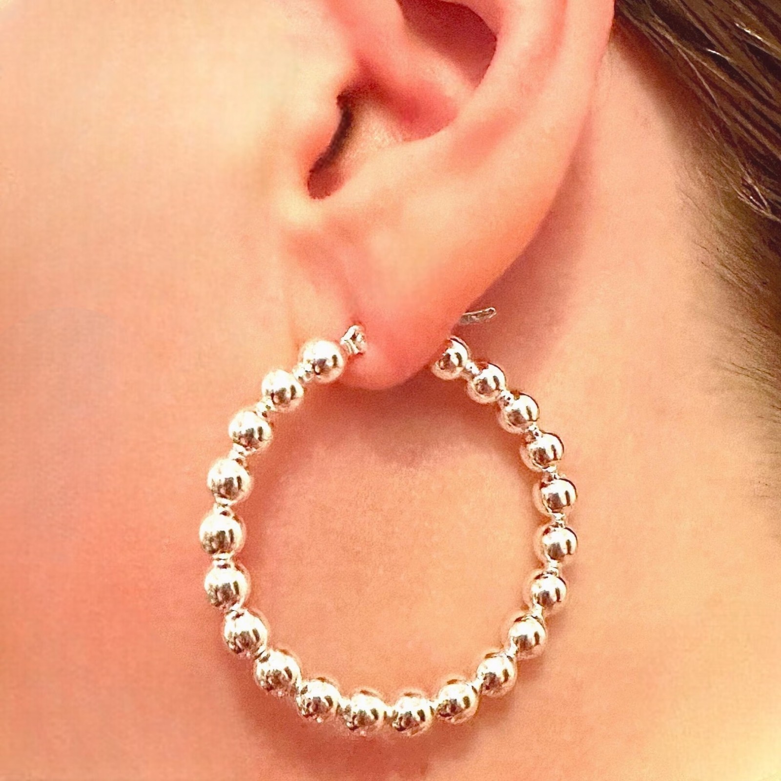 925 Sterling Silver Hoop Earrings 35mm Beaded Ball Hoops Women