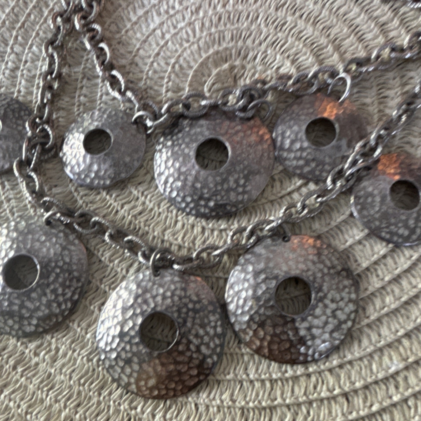 Silver Tone Metal Oval Link Chain Statement Necklace Round Disc Charm No Stone