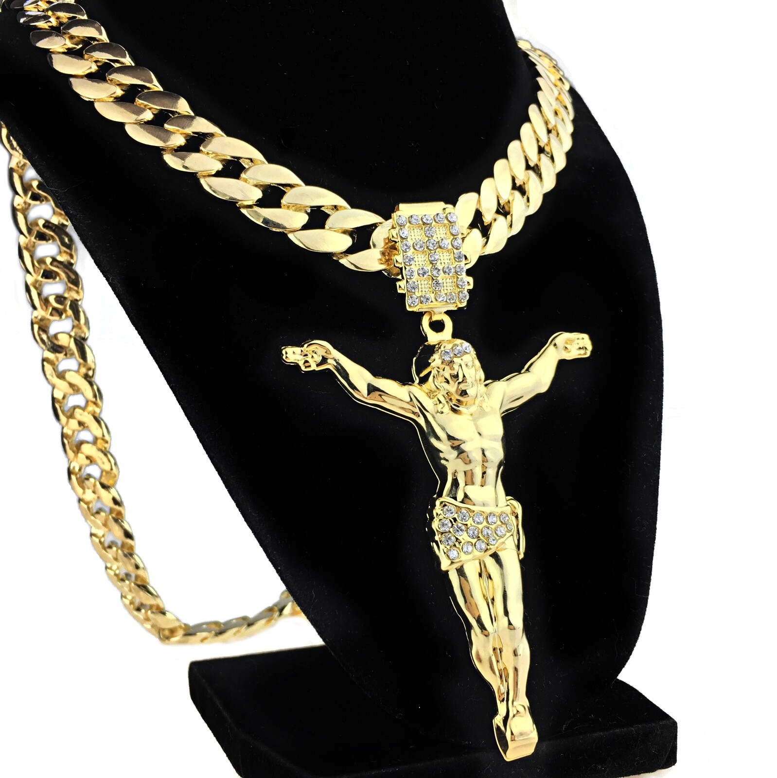 Men’s 14K Gold Plated Jesus Body 3.5″ Pendant Simulated CZ Cuban Link Chain 33″