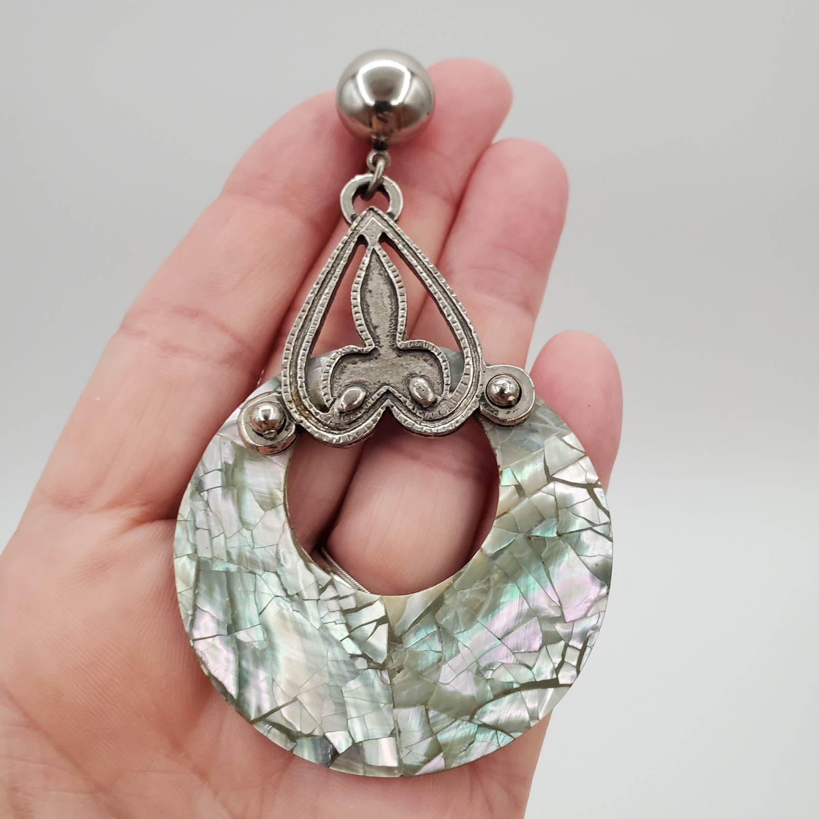 DLH Depose Earrings 3.5in Huge Pewter Iridescent Mosaic MOP Abalone VTG Estate