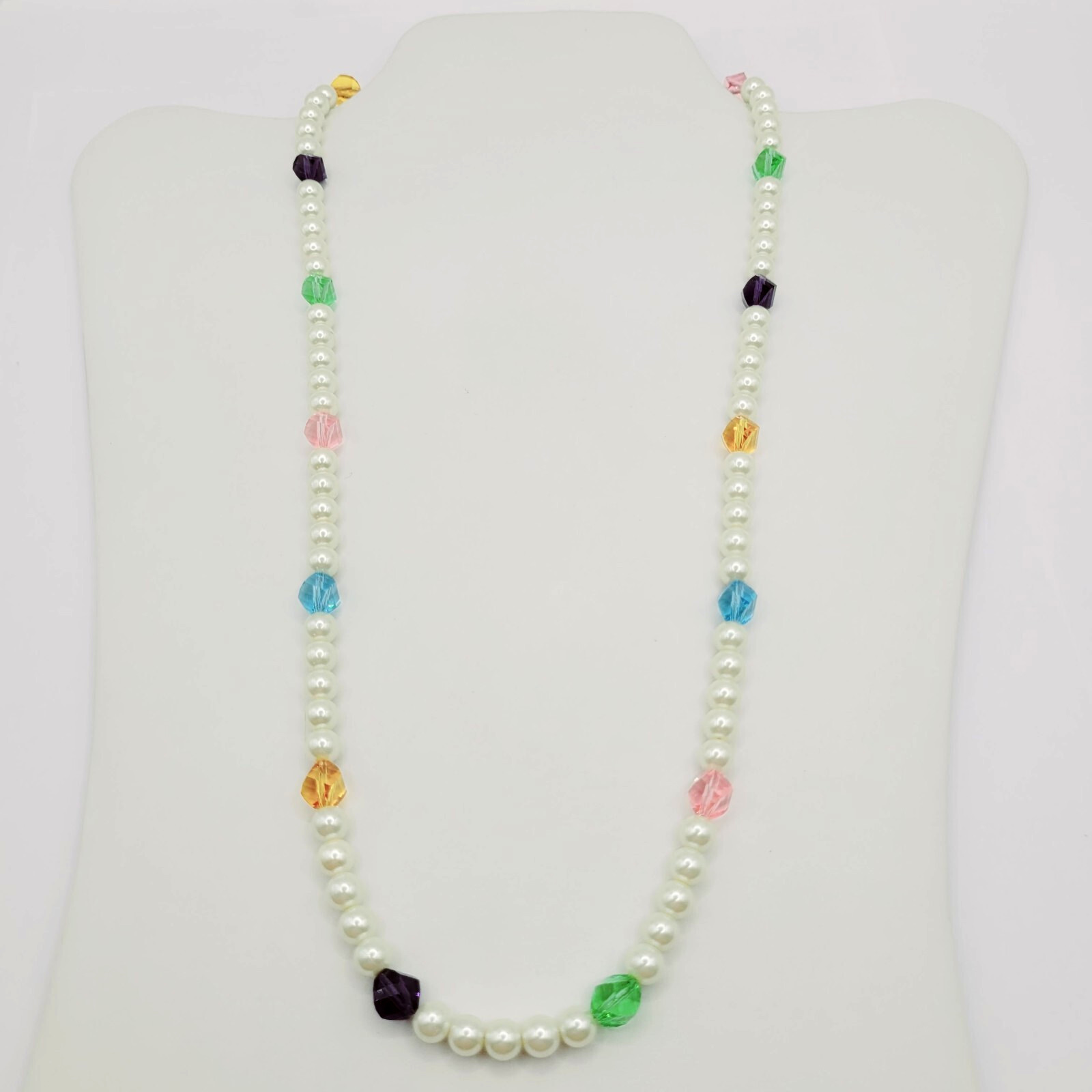 Glass Pearl with Individual Multicolored Crystal Beads Beaded Necklace 22 Inch
