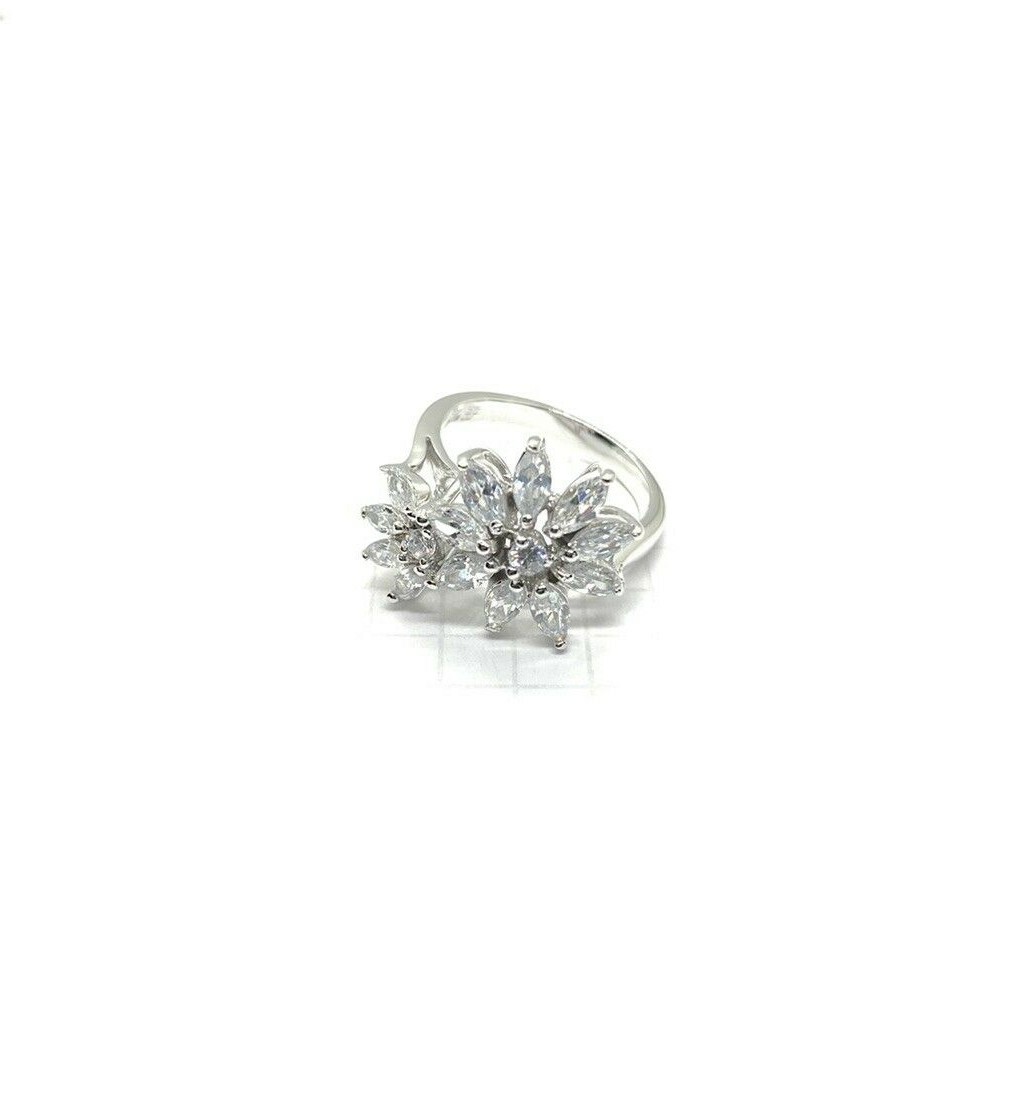 (SIZE 6,7,8,9) Sparkling Double FLOWERS RING Clear CZ Stones 925 STERLING SILVER