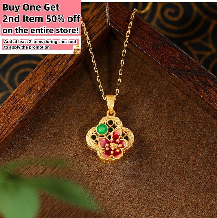 Jade Carved Flower Pendant Necklace Charm 18K Gold Plated Chain Dainty Gemstone