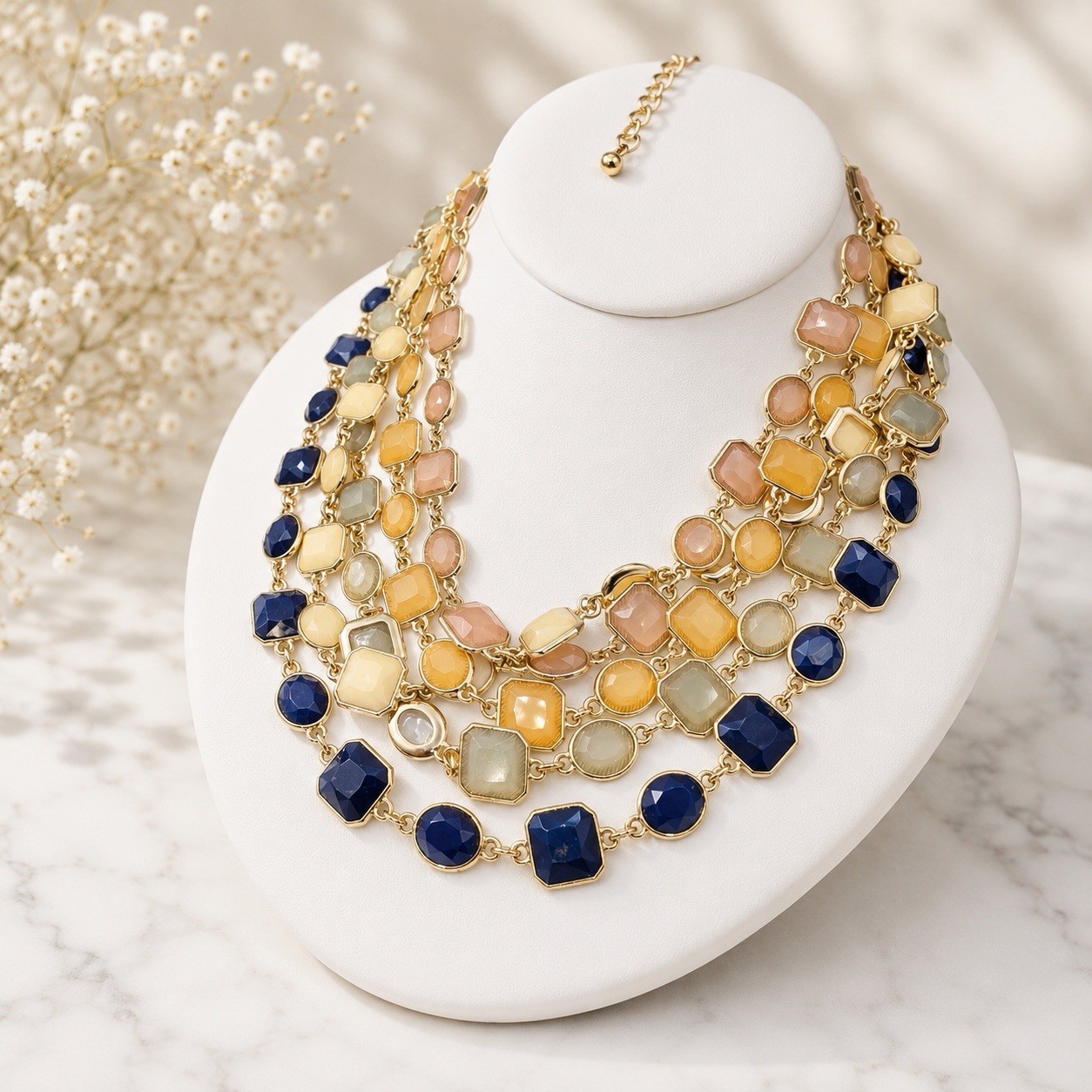 Ann Taylor Signed 5 Strand Multicolor Bib Necklace Layered Choker Falls 16-22″