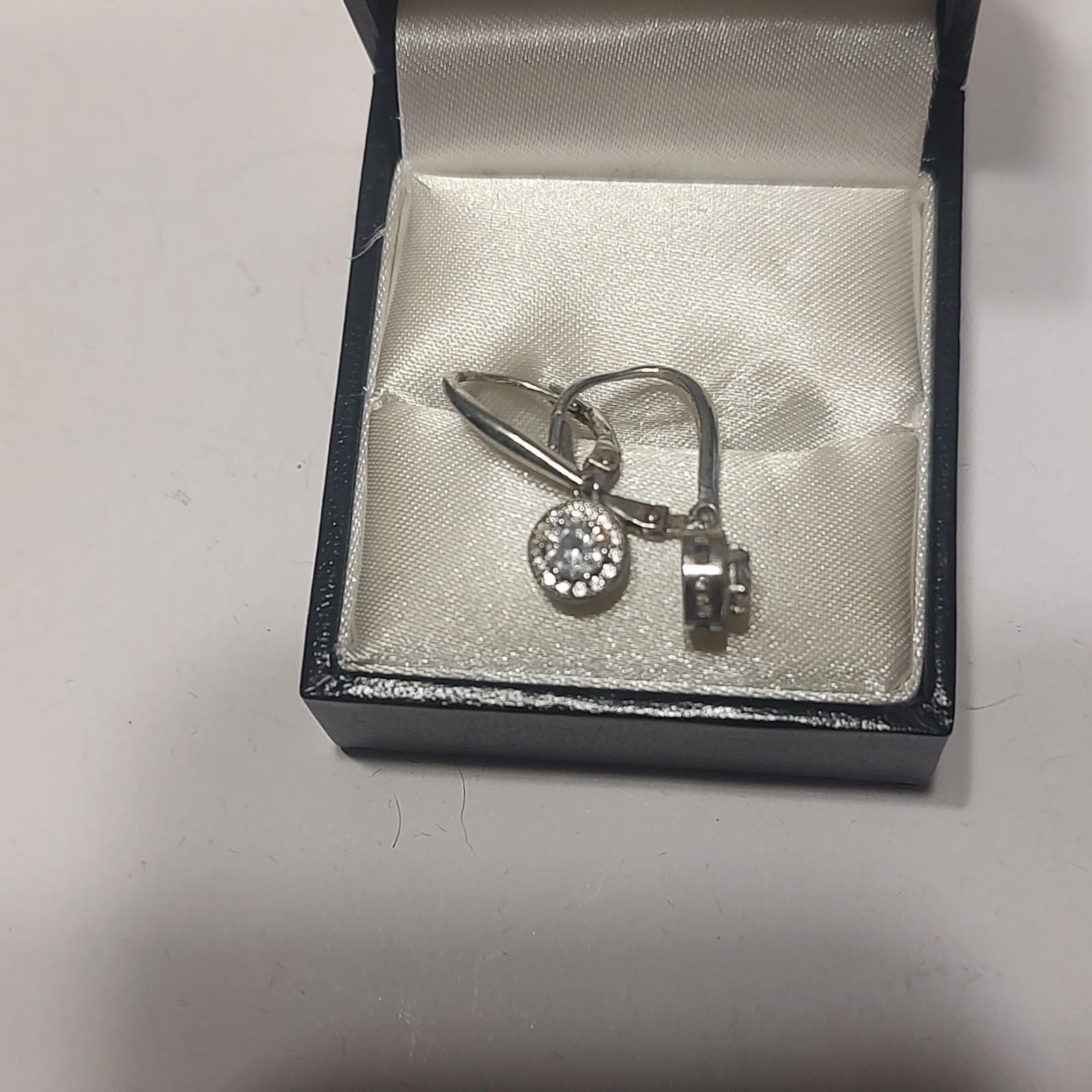 vintage Silver 925 Round Bezel Dangle Leverback Earrings w/ Cubic Zerconia