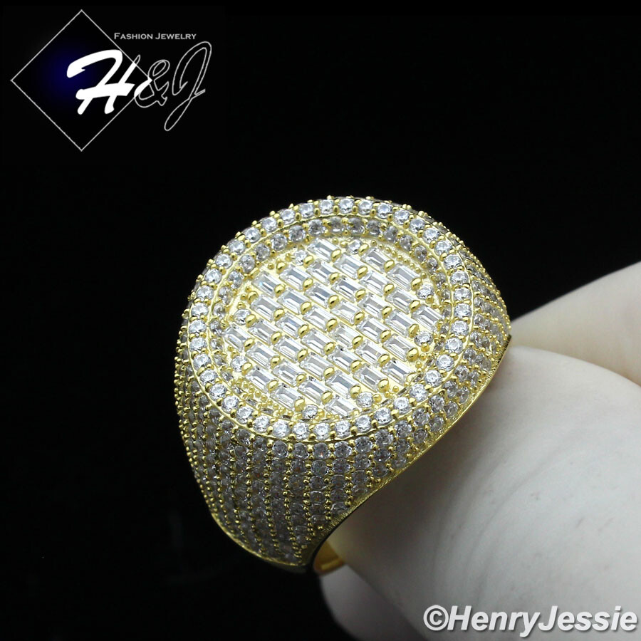 MEN 925 STERLING SILVER ICY BLING BAGUETTE CZ GOLD PLATED HIPHOP ROUND RING*G189