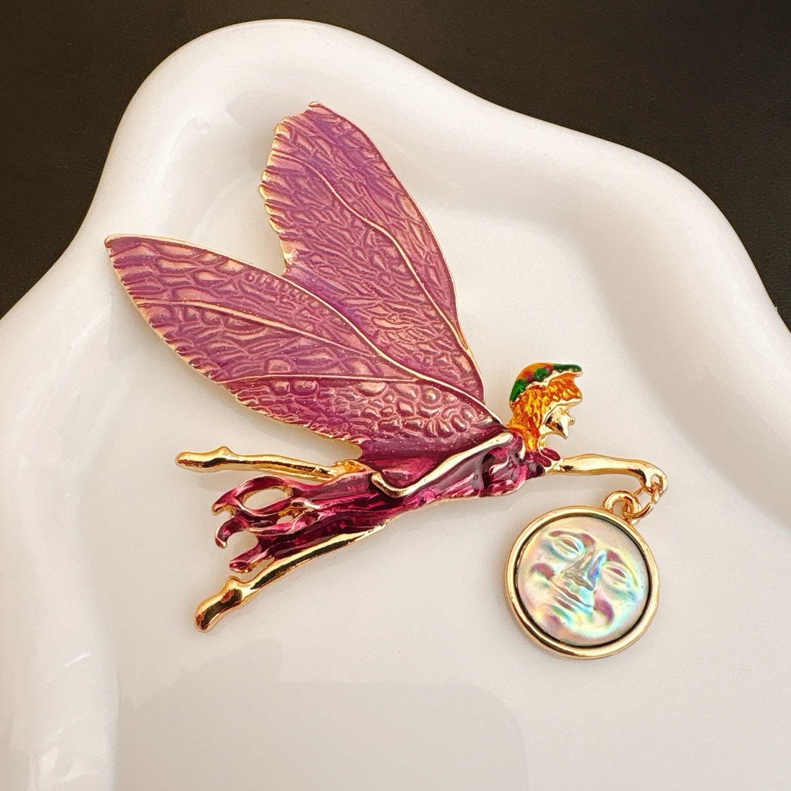 Vintage-Inspired Enamel Fairy Brooch Pendant Pink Wings Moon Star Gold Tone Pin