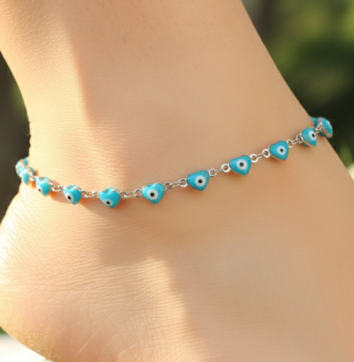 Boho Blue Heart Evil Eye Anklet Elegant 925 Silver Plated Daily Protection Charm