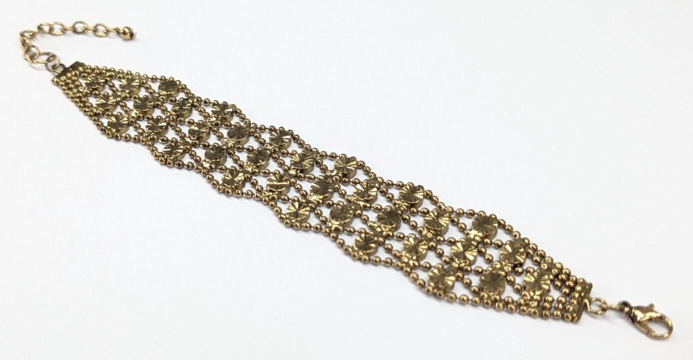 Openwork Brass Tone Woven Look Circle Linked Adjustable Bracelet 7.5-9″