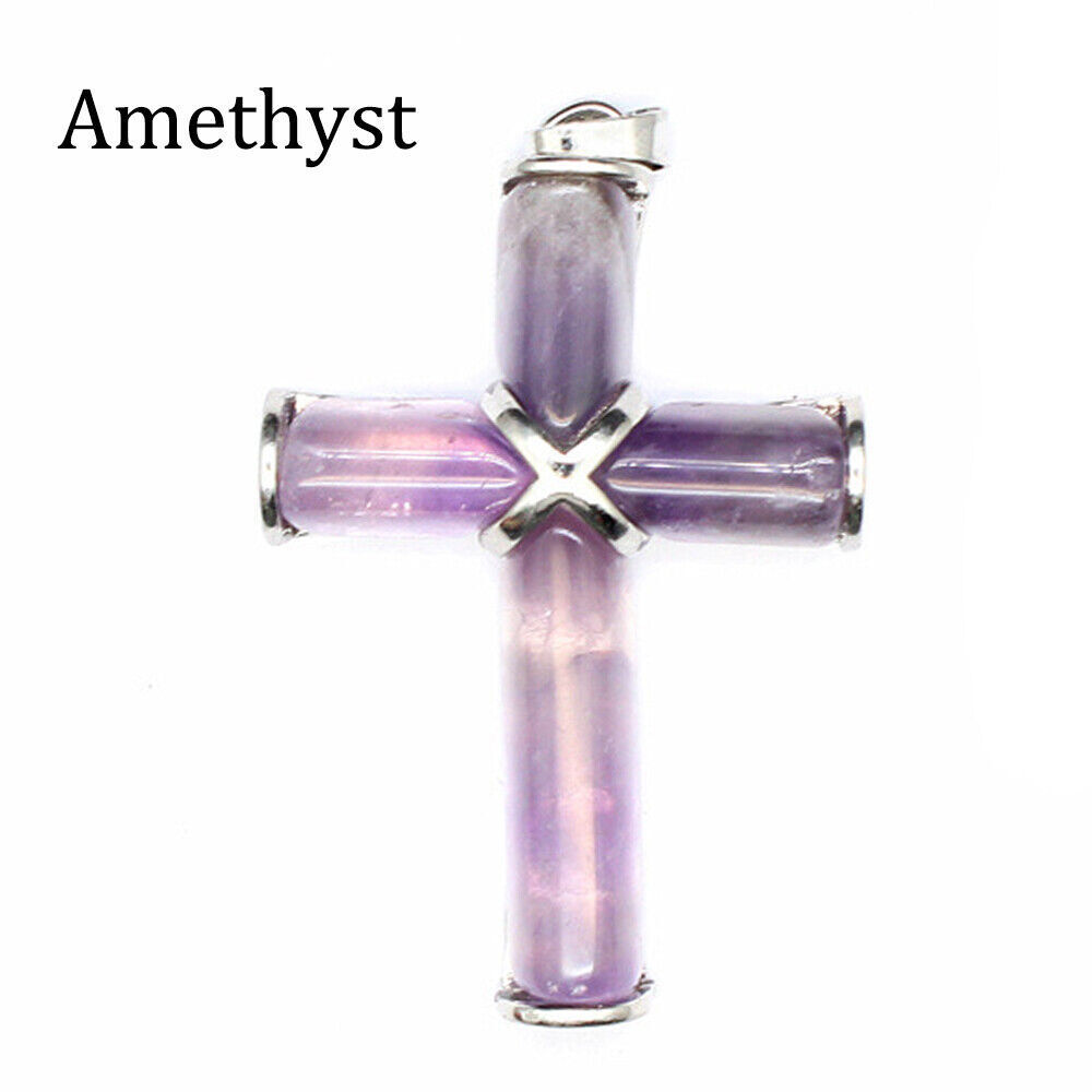 Natural Crystal Healing Gems Cross Pendant Necklace Chakra Amulet Energy Reiki