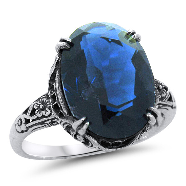 ANTIQUE STYLE 925 STERLING SILVER ROYAL BLUE SIMULATED SAPPHIRE RING #1315