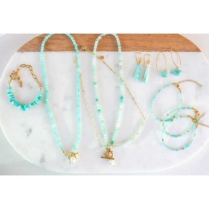 Beaded Amazonite Necklace w/ Removable Pearl and Gold Toggle Clasp Non-Tarnish