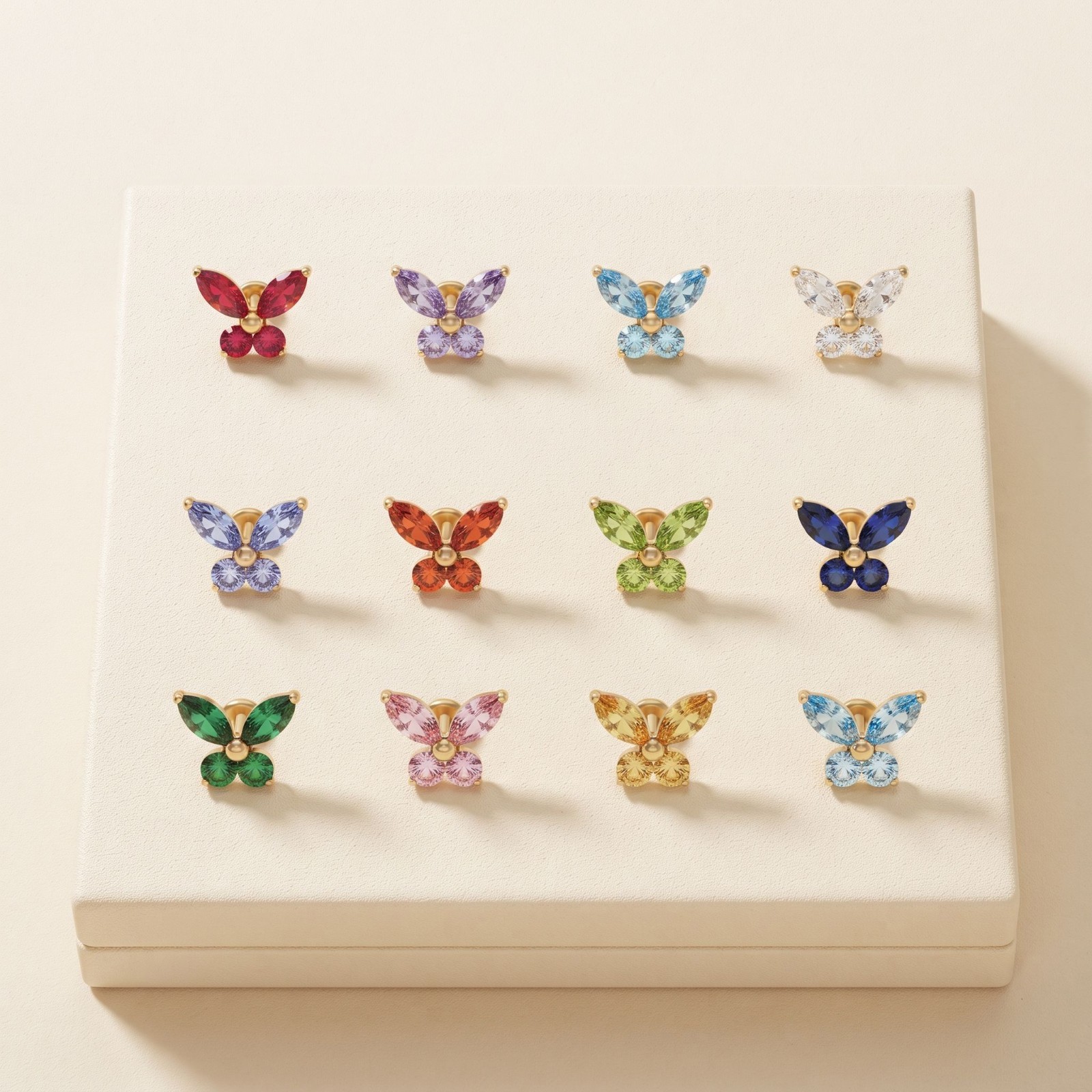 Birthstone Butterfly Flat Back Earrings 14K Gold Plated Titanium Labret 16G