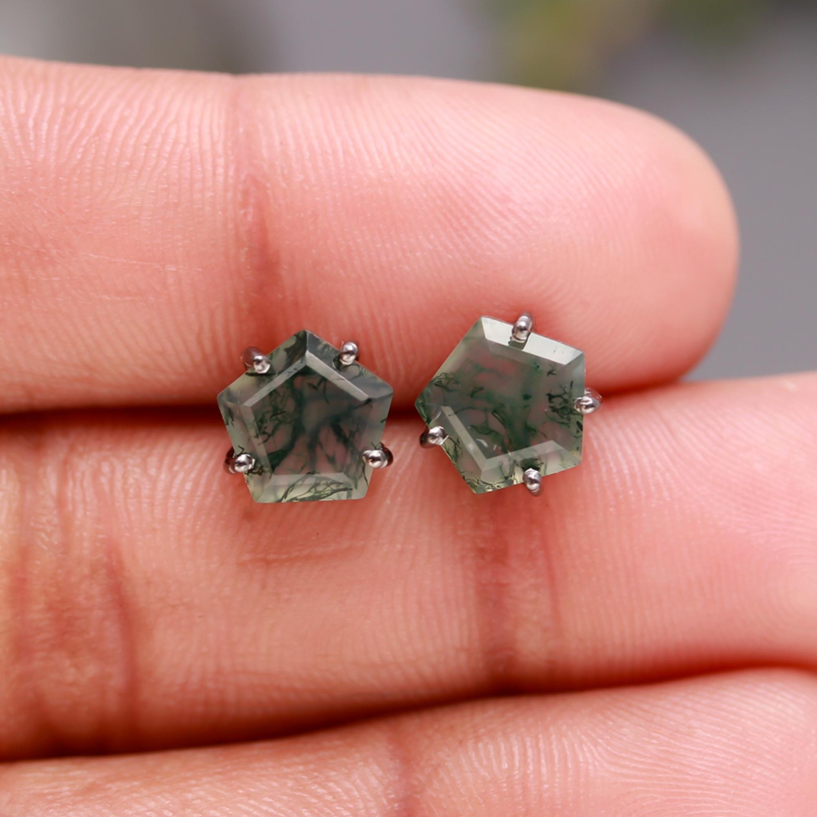100% Natural Moss Agate Pentagon Stud Earrings Solid Silver Oxidized Jewelry
