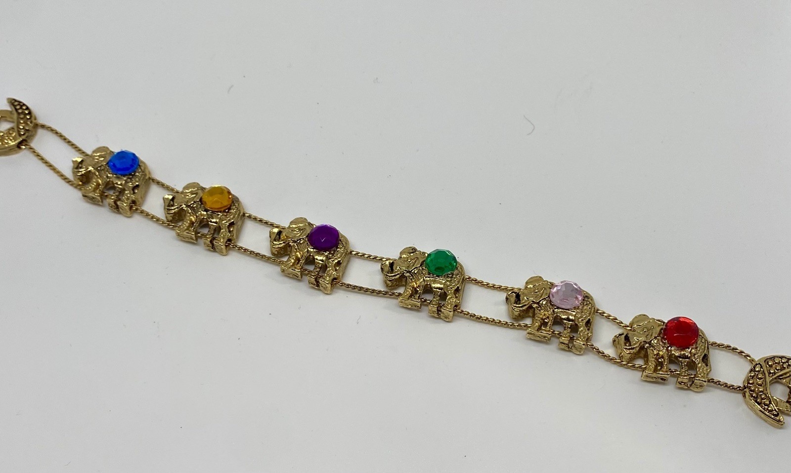 Vintage Gold-Toned Slide Bracelet with Elephants & Rhinestones