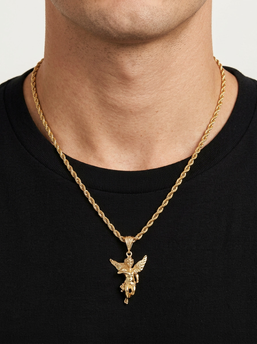 Gold Medium Sized Angel, 14k Heavy Plated Gold, 4mm Rope Chain