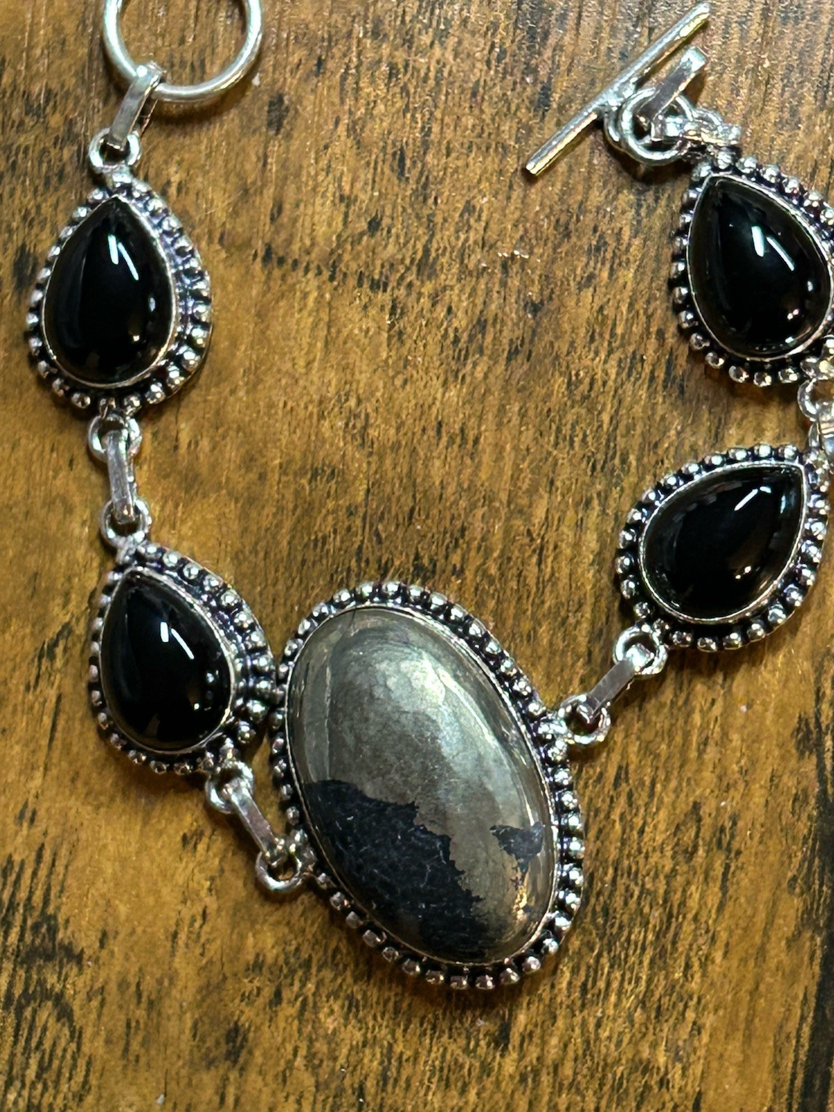 2999. Apache Pyrite Black Onyx Gemstone Handmade 925 Silver Bracelet 28gm
