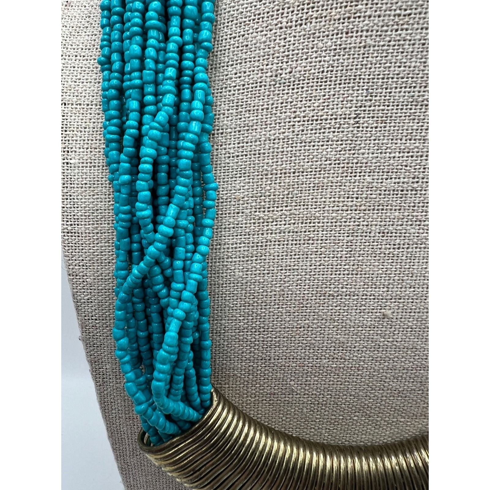 Turquoise Seed Bead Bib Necklace Boho Southwestern Minimalist Gold Blue 19-22in
