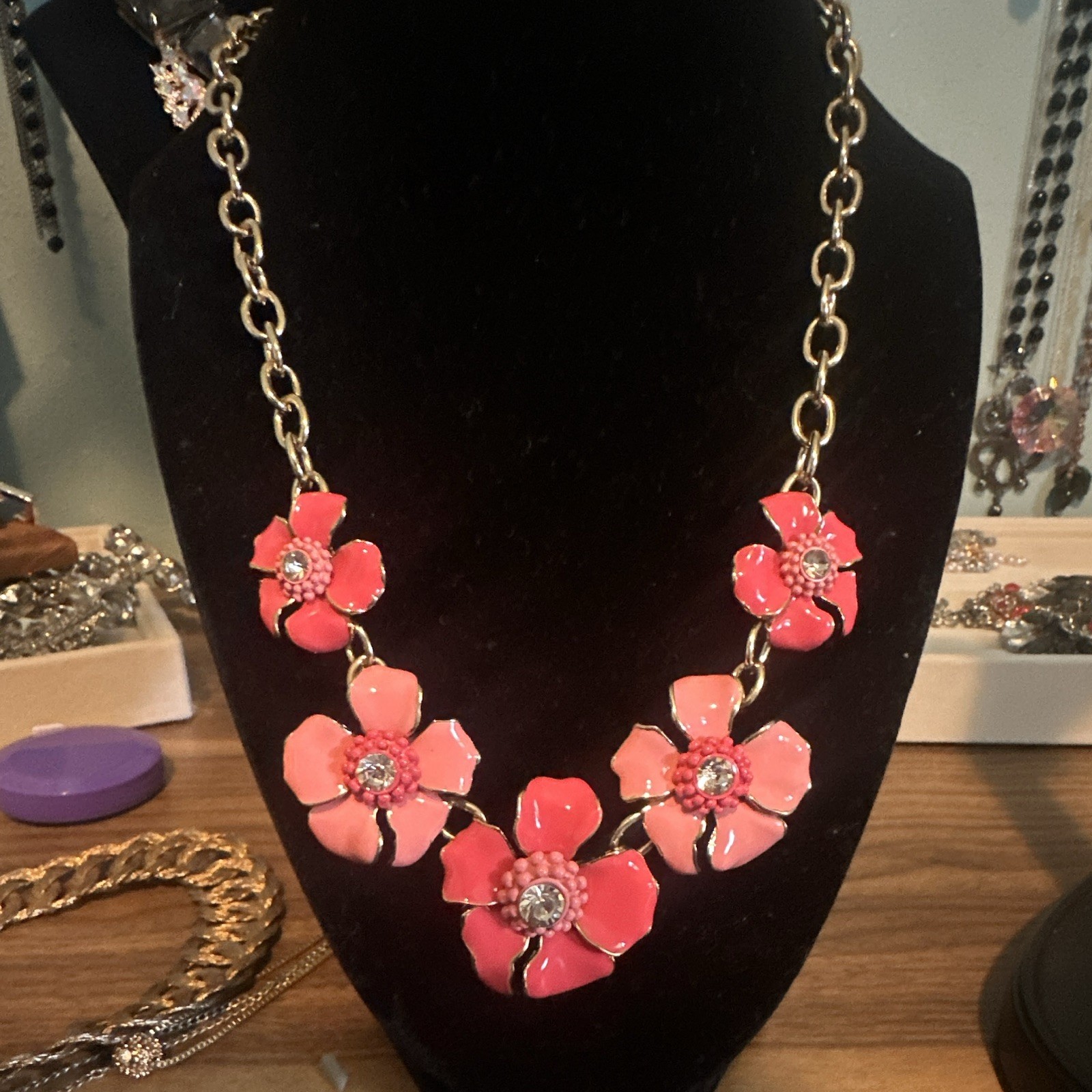 Dana Buchman Gold Tone Cable Chain Necklace Pink Enamel Flower Crystal Pendant