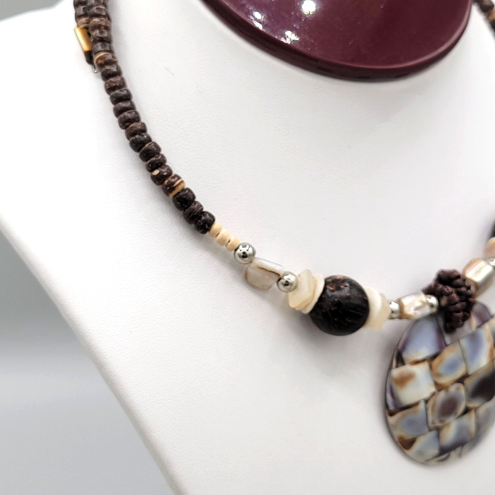 Brown & Beige Beaded Memory Wire Necklace Abalone Spacers Shiny Resin Pendant