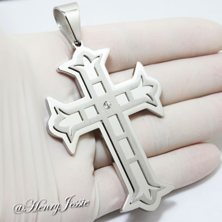 30″MEN Stainless Steel 9mm Silver Byzantine Box Link Chain CZ Cross Pendant*L5
