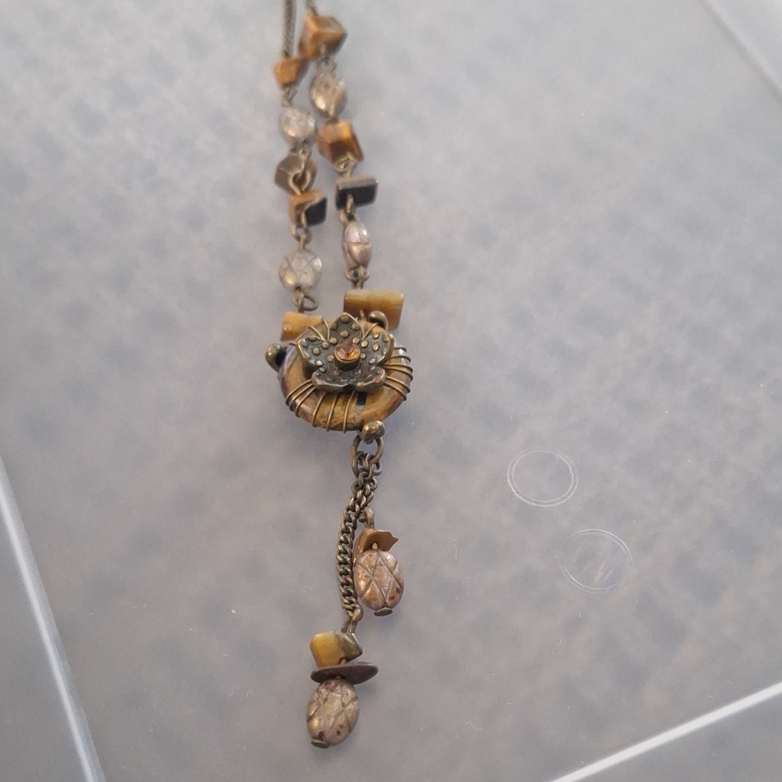 Flower Charm Pendant Y-Drop Cable Chain Necklace Metal Gold/Brown Lobster