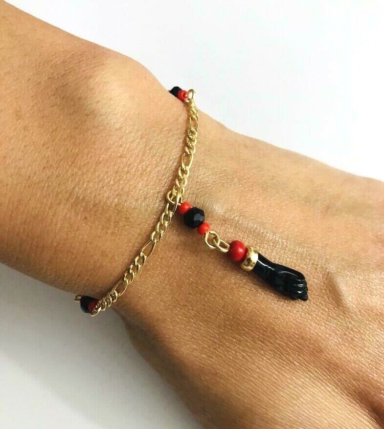 18k Gold Filled Azabache Unisex Adult Bracelet 7″ long /Pulsera Azabache 7″- B46