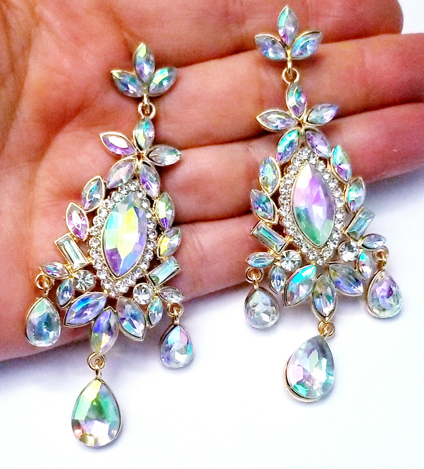AB Iridescent Chandelier Earrings Rhinestone 3.5 in