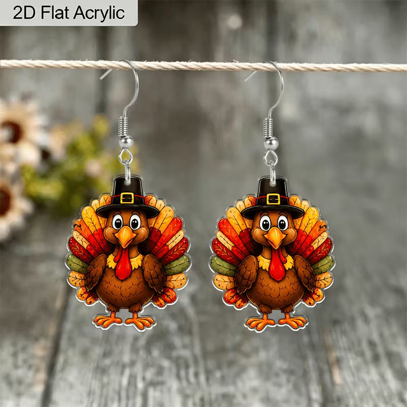 Festive Acrylic Thanksgiving Turkey Drop Earrings for Holidays and Parties
