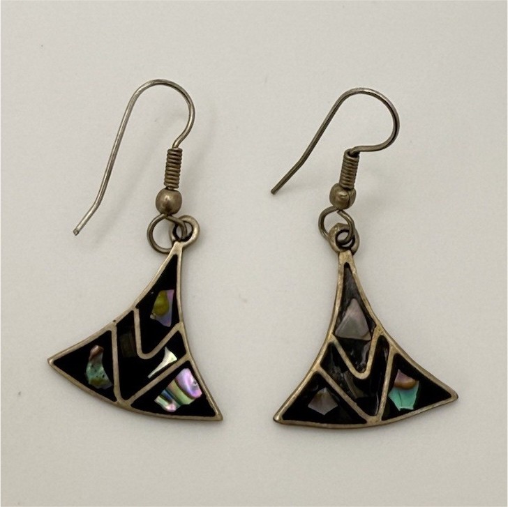 Vintage Alpaca Metal Mexico Fan-Shaped Dangle/Drop Earrings