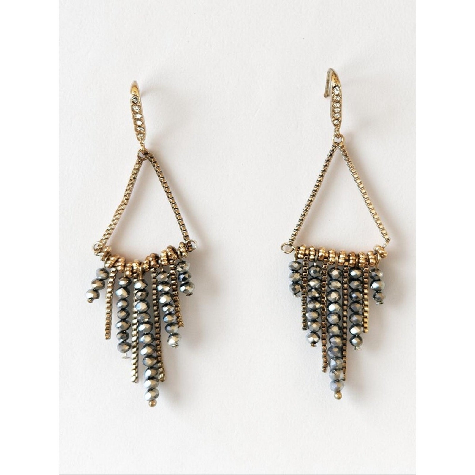 Gold Chain Dangle Drop Beaded Rhinestone Earrings Triangle Shape Party Disco